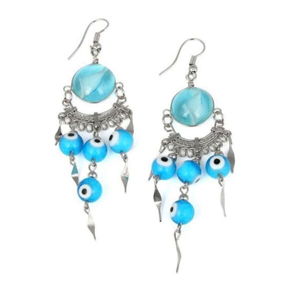 Boho Chic Aqua Round Murano Glass Beaded Evil Eye Peruvian Dangle Earrings New - Picture 2 of 2